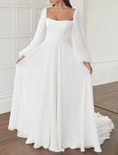 Hall Casual Wedding Dresses A-Line Square Neck Long Sleeve Court Train Chiffon Bridal Gowns With Bow(s) Solid Color