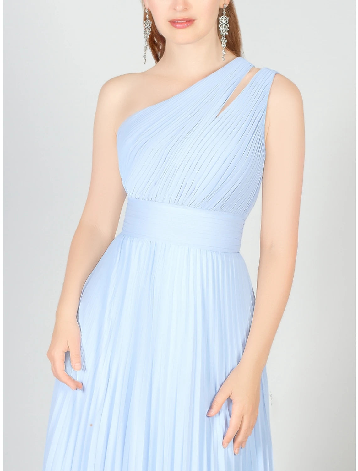 A-Line Bridesmaid Dress One Shoulder Sleeveless Blue Floor Length Chiffon with Ruching