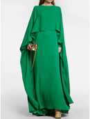 A-Line Evening Gown Elegant Christmas Red Green Dress Formal Floor Length Long Sleeve Jewel Neck Chiffon with Pleats