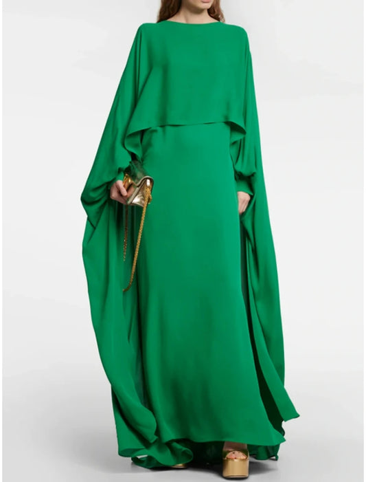 A-Line Evening Gown Elegant Christmas Red Green Dress Formal Floor Length Long Sleeve Jewel Neck Chiffon with Pleats