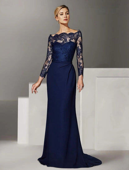 Formal Wedding Guest Elegant Off Shoulder Floor Length Lace Stretch Chiffon Long Sleeve with Lace Mother of the Bride Dress&nbsp;