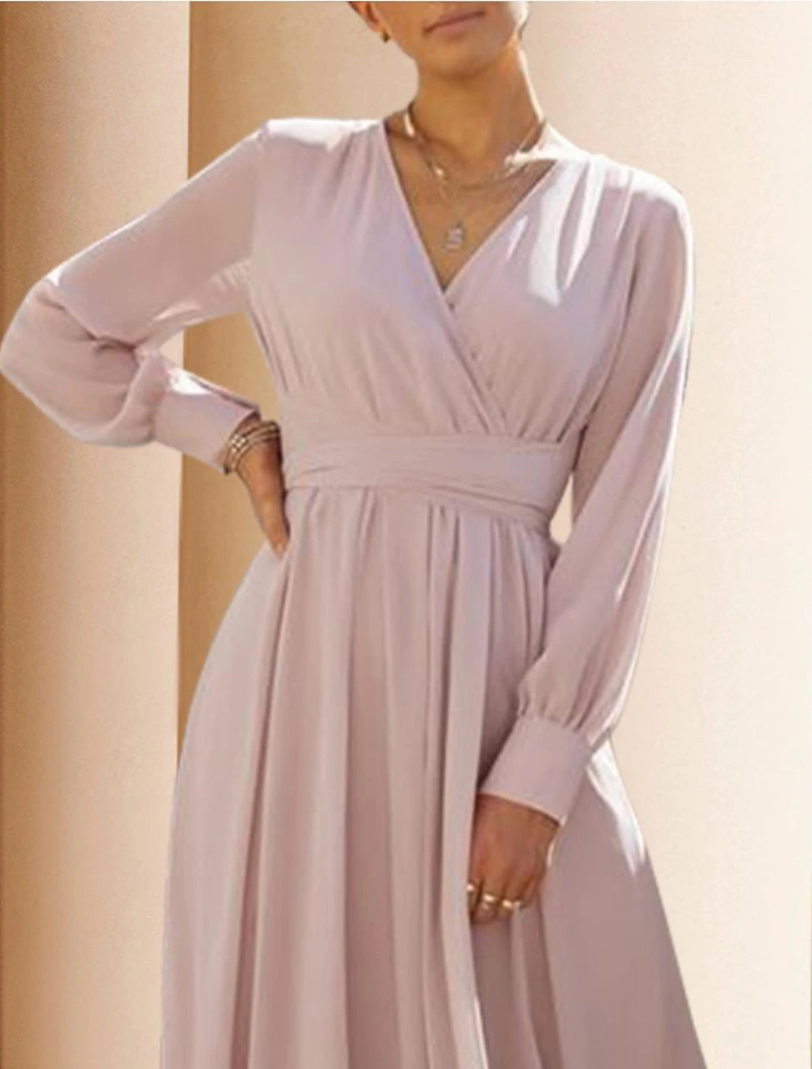 A-Line Mother of the Bride Dress Formal Wedding Guest Elegant Scoop Neck V Neck Floor Length Chiffon Long Sleeve with Pleats