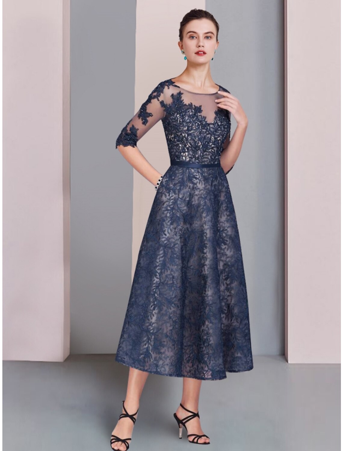 A-Line Mother of the Bride Dress Wedding Guest Elegant Scoop Neck Tea Length Lace Half Sleeve with Ruching Solid Color