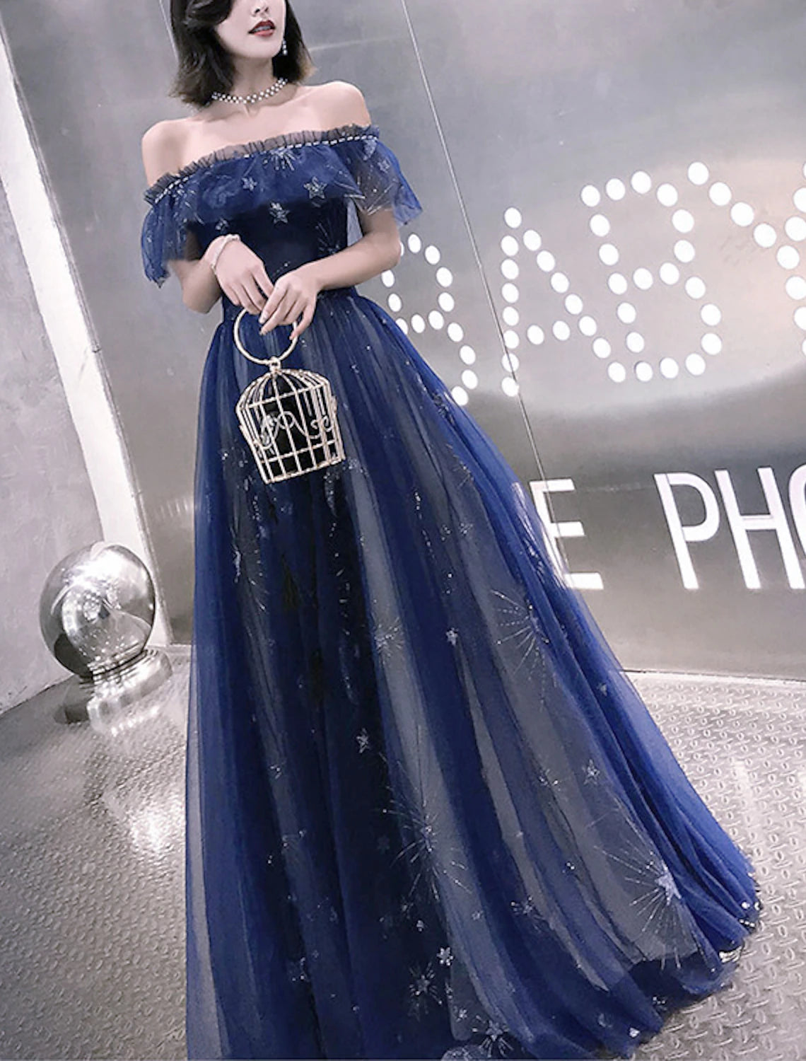 A-Line Fairy Prom Dress Sparkle Party Dress Off Shoulder Short Sleeve Floor Length Tulle with Sequins Embroidery