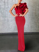 Mermaid Christmas Red Green Dress Evening Gown Celebrity Style Dress Formal Wedding Guest Floor Length Sleeveless One Shoulder Stretch Fabric with Ruffles