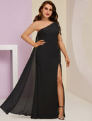 Mother of the Bride Dresses Plus Size Curve Hide Belly Wedding Guest Party Sexy One Shoulder Floor Length Chiffon Sleeveless with Beading Split Front