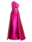 Sheath / Column Evening Gown Hot Pink Dress Wedding Guest Floor Length Sleeveless One Shoulder Satin with Overskirt Pure Color