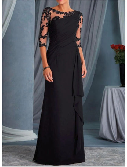 A-Line Mother of the Bride Dress Fall Wedding Guest Long Dresses Plus Size Scoop Neck Floor Length Chiffon Lace Half Sleeve with Draping Appliques