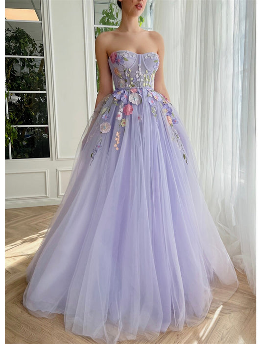 A-Line Evening Gown Floral Dress Wedding Court Train Sleeveless Strapless Tulle with Appliques