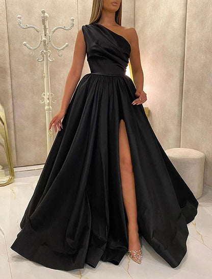 A-Line Minimalist Elegant Engagement Formal Evening Birthday Dress One Shoulder Sleeveless Floor Length Satin with Pleats Slit