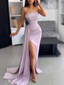 Mermaid / Trumpet Evening Gown Sparkle & Shine Dress Wedding Guest Wedding Party Sweep / Brush Train Sleeveless Strapless Charmeuse with Ruched Slit