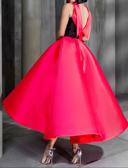 Ball Gown Color Block Celebrity Style Elegant Prom Formal Evening Birthday Dress Christmas Red Green Dress High Neck Sleeveless Ankle Length Satin with Bow(s)