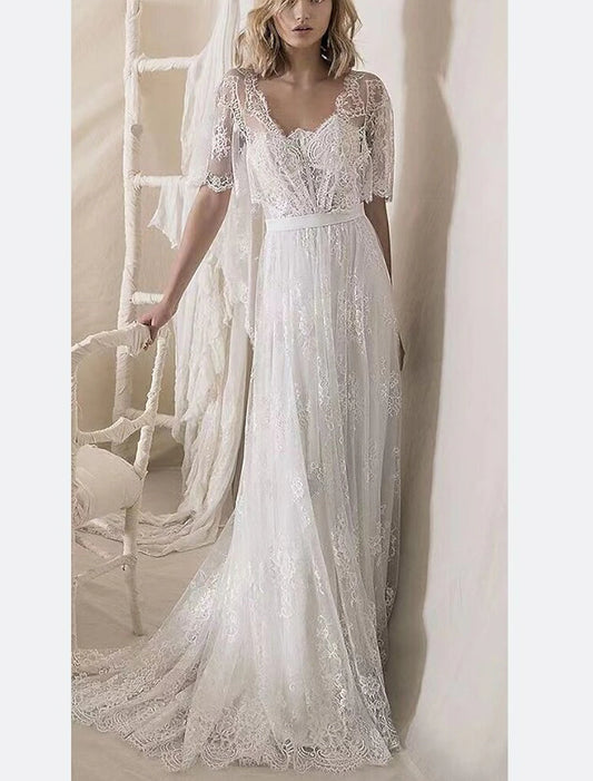 A-Line Wedding Dresses Ankle Length Vintage Little White Dresses Long Sleeve V Neck Chiffon With Solid Color Bridal Gowns