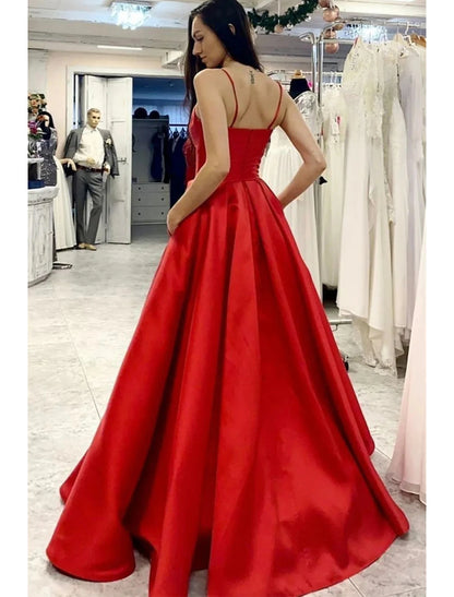 A-Line Prom Dresses Minimalist Dress Formal Wedding Party Floor Length Sleeveless V Neck Pocket Satin with Pleats