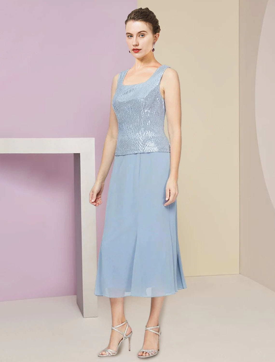 A-Line Mother of the Bride Dress Wedding Guest Sparkle & Shine Petite Scoop Neck Tea Length Chiffon Sequined 3/4 Length Sleeve with Pleats Sequin Solid Color