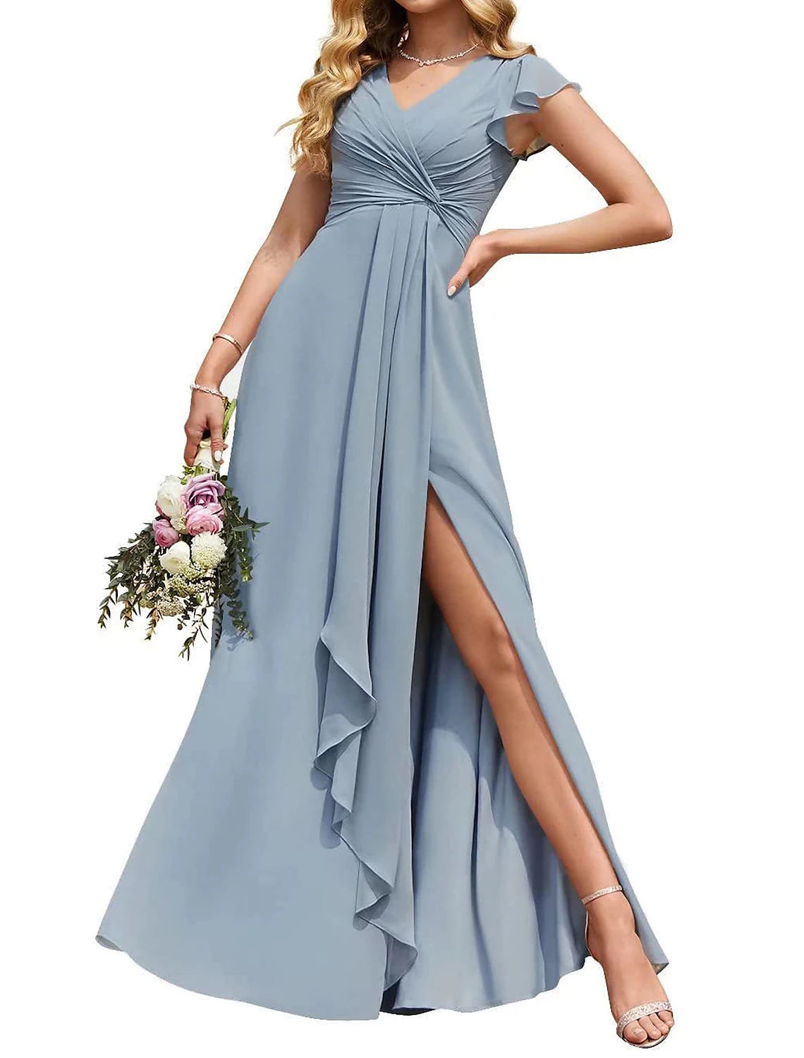 Women‘s V Neck Chiffon Bridesmaid Dresses Long with Slit Ruffled Sleeve Empire Waist Formal Dress with Pockets