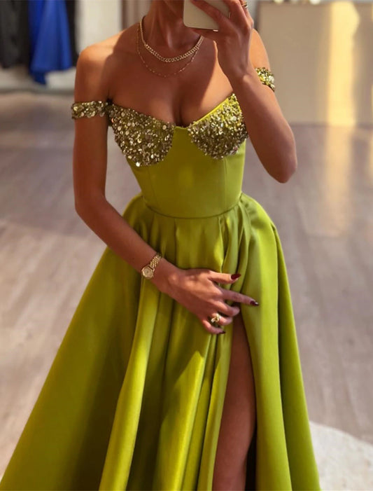 A-Line Evening Gown Sparkle & Shine Dress Wedding Prom Court Train Sleeveless Off Shoulder Satin with Sequin Slit