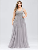 A-Line Prom Dresses Plus Size Dress Prom Floor Length Sleeveless V Neck Tulle V Back with Beading Appliques