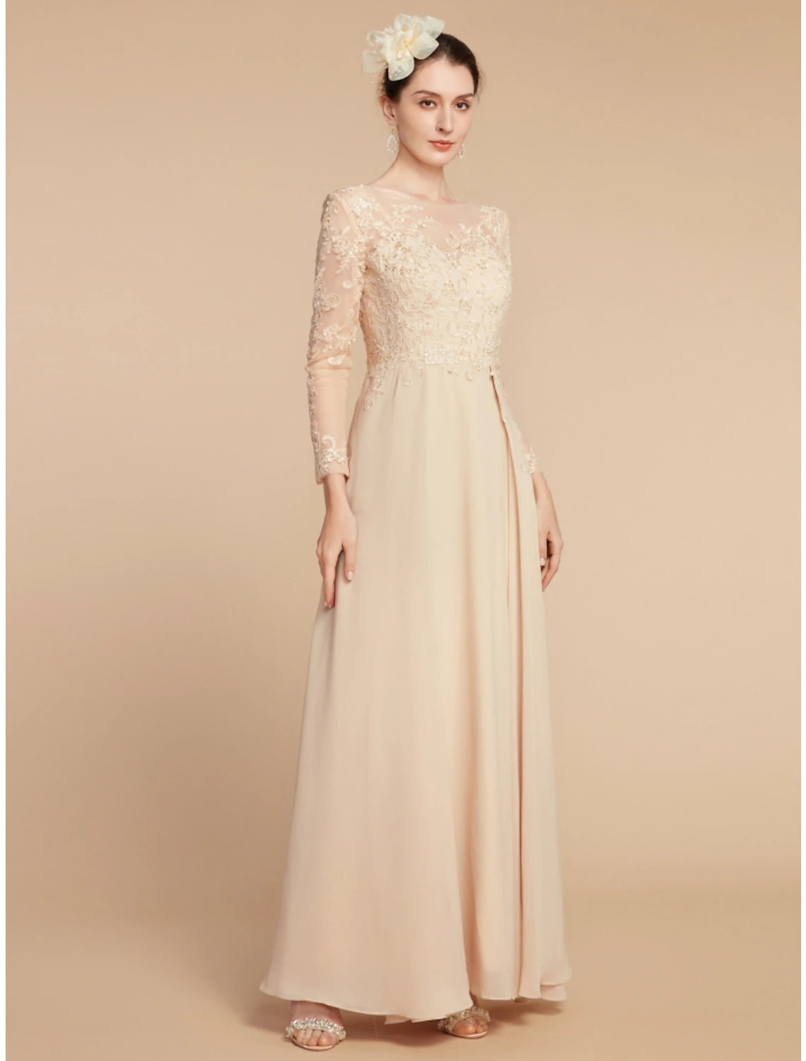 A-Line Mother of the Bride Dress Wedding Guest Elegant Jewel Neck Ankle Length Chiffon Lace Long Sleeve with Ruching Solid Color