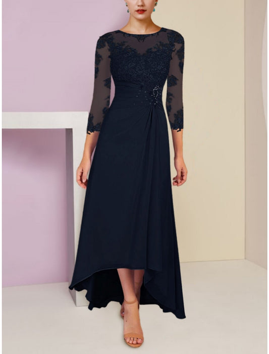 A-Line Mother of the Bride Dress Wedding Guest Elegant Scoop Neck Asymmetrical Ankle Length Chiffon 3/4 Length Sleeve with Lace Sequin Ruching