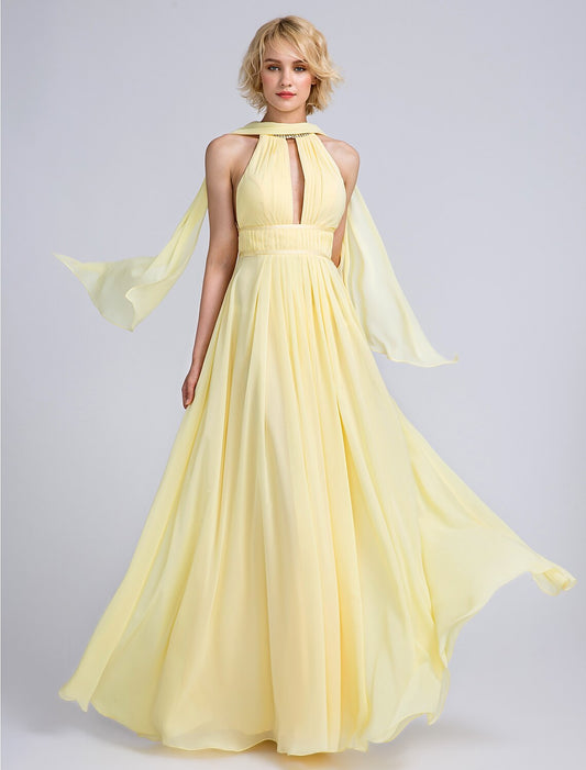 A-Line Bridesmaid Dress Jewel Neck Sleeveless Elegant Floor Length Chiffon with Beading / Draping