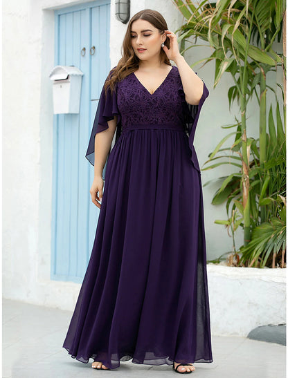 A-Line Mother of the Bride Dress Plus Size Elegant V Neck Floor Length Chiffon Tulle Half Sleeve with Sash / Ribbon