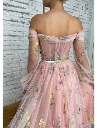 A-Line Prom Dresses Floral Dress Birthday Garden Party Ankle Length Long Sleeve Off Shoulder Fall Wedding Guest Lace with Embroidery Appliques