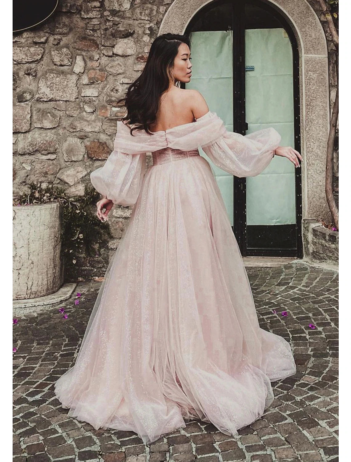 A-Line Prom Dresses Corsets Dress Formal Wedding Party Dress Floor Length Long Sleeve Off Shoulder Tulle with Glitter Ruched Slit