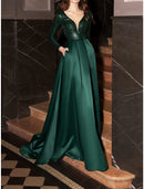 A-Line Evening Dresses Formal Glittering Dress Wedding Guest Court Train Long Sleeve V Neck Satin with Pleats Sequin