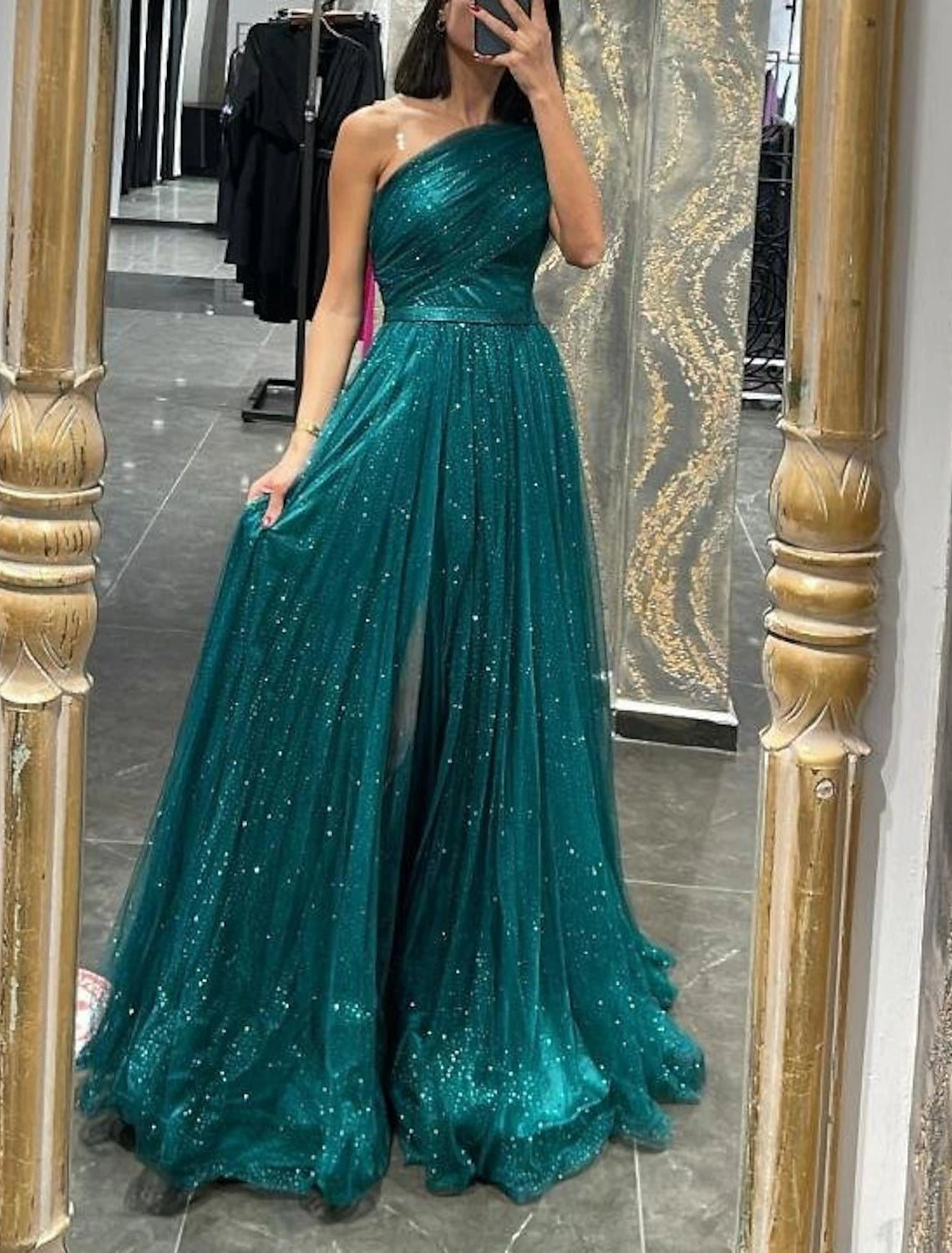 A-Line Evening Gown Glittering Dress Wedding Prom Court Train Sleeveless One Shoulder Tulle with Glitter Ruched Appliques