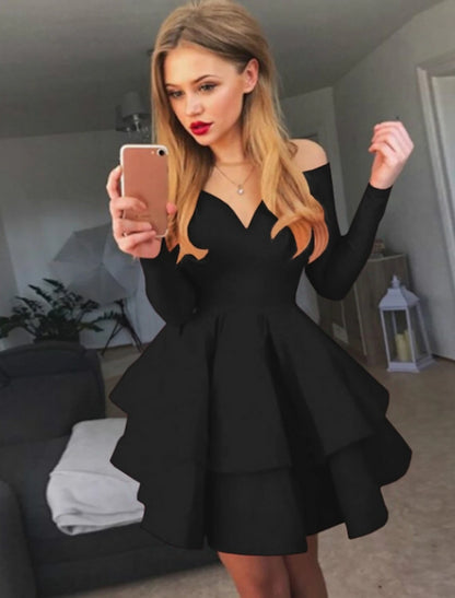 A-line Ruched Homecming Dresses Black Red White Long Sleeve Layered Tiered Short Dress Spring Summer Off Shoulder Hot Cocktail Party