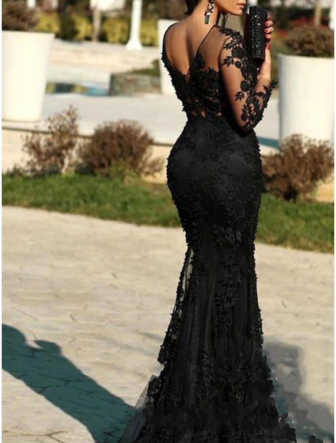 Mermaid Black Dress Plus Size Elegant Wedding Guest Formal Evening Dress Illusion Neck Long Sleeve Sweep / Brush Train Polyester with Lace Insert Appliques