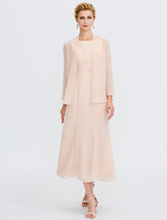 Two Piece Sheath / Column Mother of the Bride Dress Wedding Guest Plus Size Elegant with Jacket Long Sleeve Scoop Neck Tea Length Chiffon Sash / Ribbon Pleats Beading