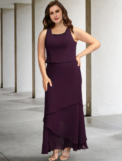 Two Piece A-Line Plus Size Curve Mother of the Bride Dresses Elegant Dress Formal Ankle Length Sleeveless Square Neck Chiffon with Beading Ruffles