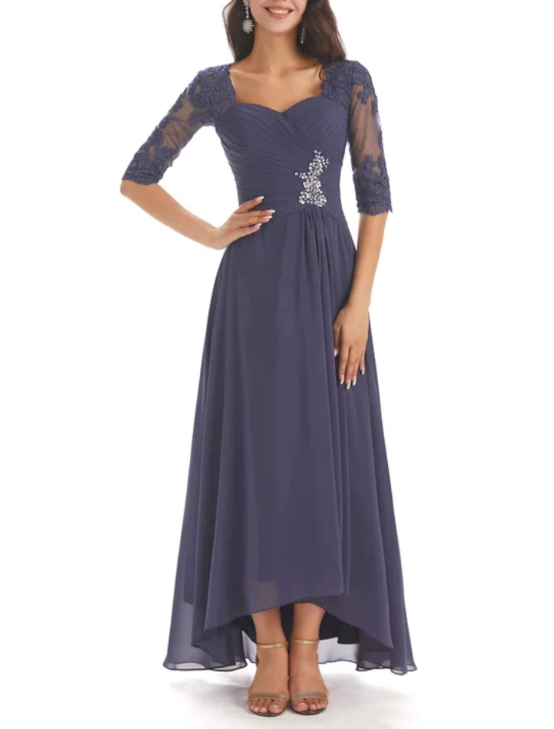 Two Piece A-Line Mother of the Bride Dress Wedding Guest Elegant Sweetheart Asymmetrical Ankle Length Chiffon Long Sleeve with Crystal Brooch Ruching Solid Color