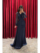 A-Line Evening Gown Sparkle & Shine Dress Formal Fall Sweep / Brush Train Long Sleeve V Neck Sequined with Glitter Pleats