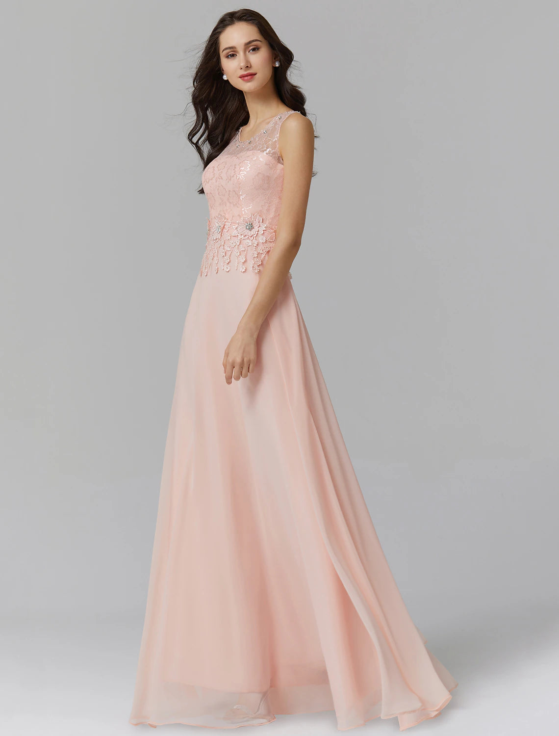 A-Line Empire Dress Wedding Guest Prom Floor Length Sleeveless Illusion Neck Bridesmaid Dress Chiffon with Beading Appliques