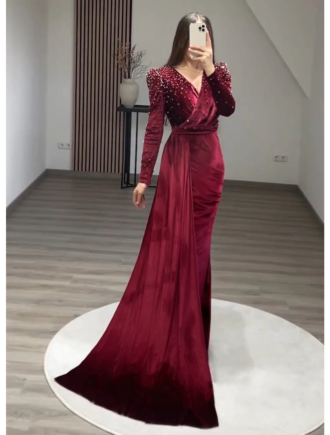 Mermaid Party Dress Evening Gown Maxi Dress Formal Black Tie Gala Floor Length Long Sleeve V Neck Fall Wedding Guest Velvet with Ruched Pearls