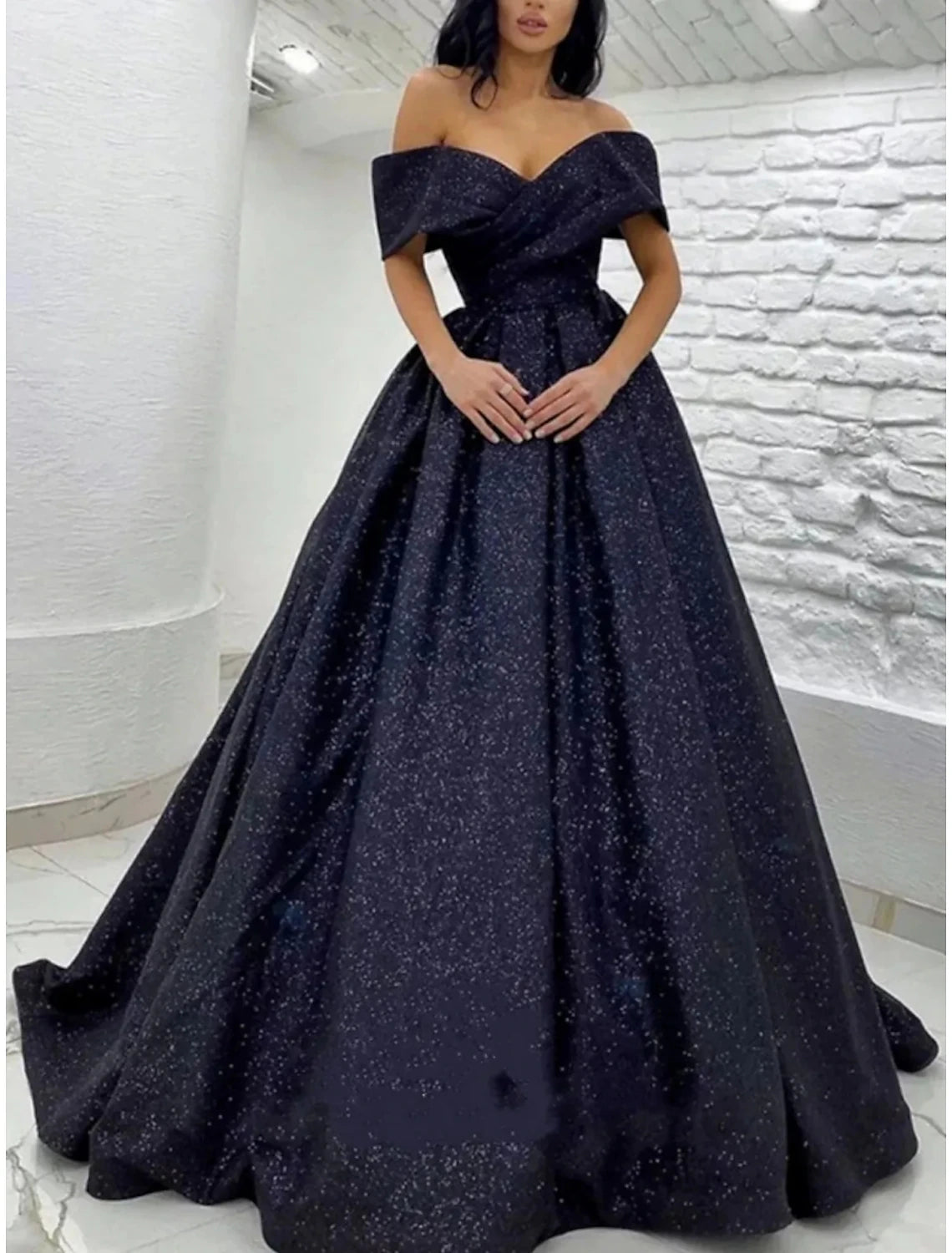 A-Line Prom Dresses Sparkle Black Champagne Gold Dress Black Tie Carival Sweep / Brush Train Short Sleeve Off Shoulder Sequined with Glitter Pleats