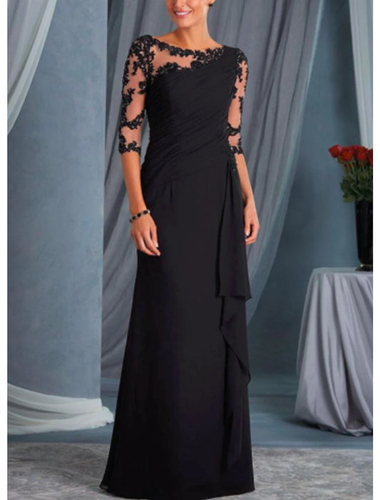 A-Line Mother of the Bride Dress Fall Wedding Guest Long Dresses Plus Size Scoop Neck Floor Length Chiffon Lace Half Sleeve with Draping Appliques