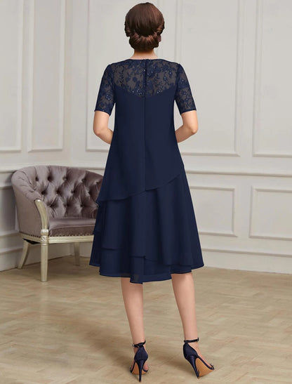 A-Line Elegant Length Chiffon Short Sleeve with Lace Mother of the Bride Dress