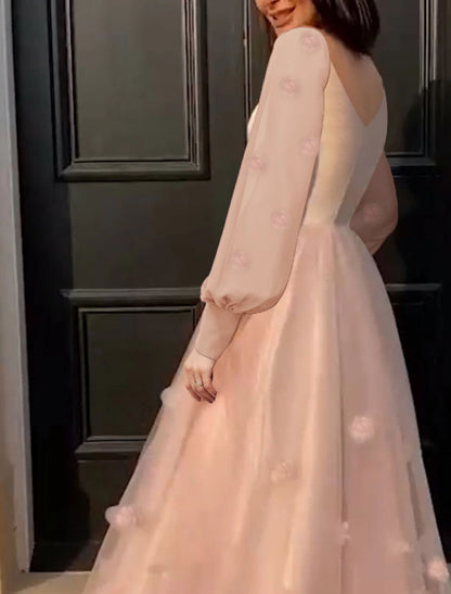 A-Line Prom Dresses Maxi Dress Wedding Guest Sweet 16 Floor Length Long Sleeve Scoop Neck Tulle with Appliques Butterfly