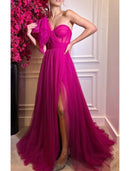 A-Line Prom Dresses Sexy Dress Wedding Party Birthday Court Train Sleeveless One Shoulder Tulle with Bow(s) Slit