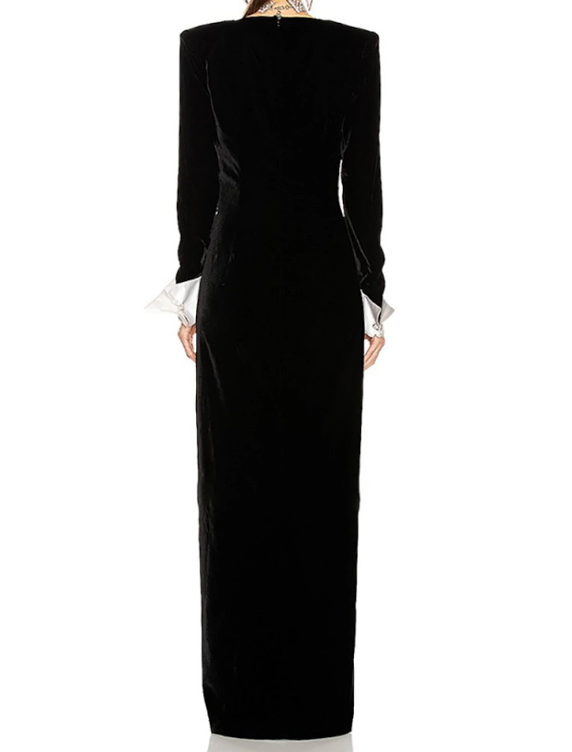 A-Line Evening Gown Elegant Dress Formal Black Dress Floor Length Long Sleeve V Neck Velvet with Buttons Slit