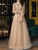 A-Line Prom Dresses Cute Dress Wedding Guest Party Wear Floor Length Long Sleeve Jewel Neck Tulle with Sequin Appliques