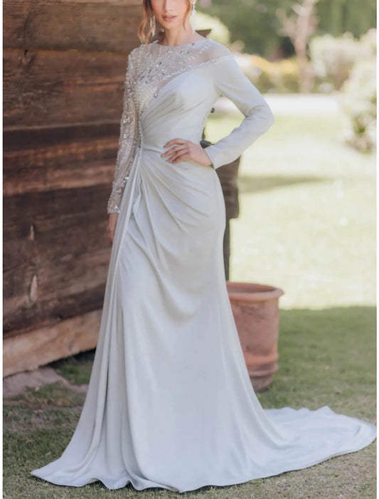 Formal Wedding Dresses A-Line Scoop Neck Long Sleeve Court Train Satin Bridal Gowns With Pleats Ruched