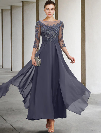 A-Line Mother of the Bride Dress Fall Wedding Guest Plus Size Elegant Jewel Neck Ankle Length Chiffon Lace 3/4 Length Sleeve with Ruched Sequin Appliques