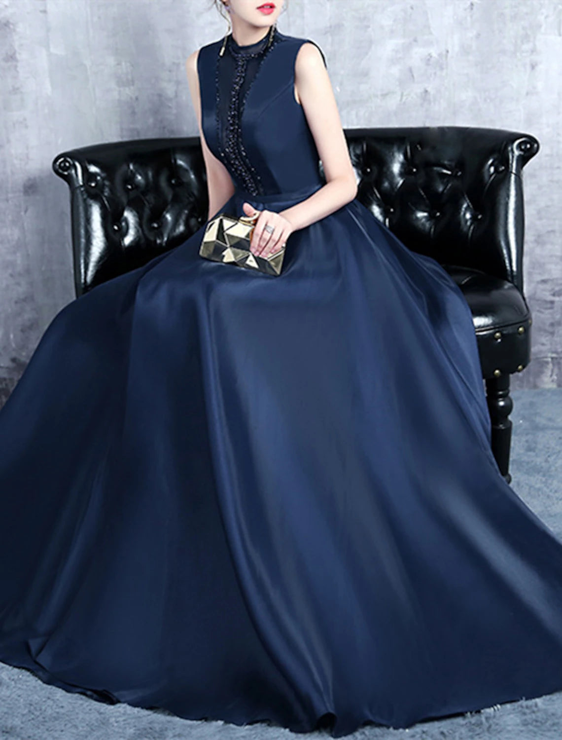 A-Line Evening Gown Elegant Dress Formal Wedding Guest Floor Length Sleeveless High Neck Satin with Pleats