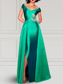 A-Line Evening Gown Party Dress Elegant Dress Formal Fall Floor Length Short Sleeve V Neck Satin with Slit Appliques