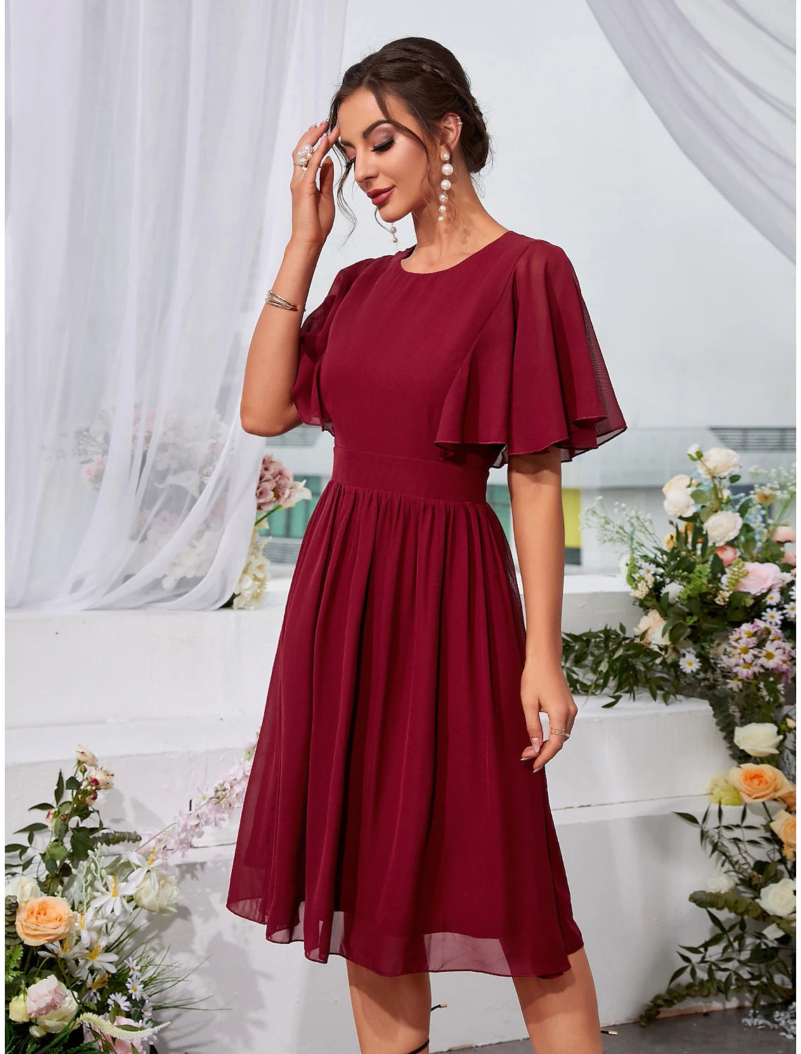 A-Line Wedding Guest Dresses Elegant Dress Holiday Graduation Knee Length Short Sleeve Jewel Neck Chiffon with Pleats Ruffles